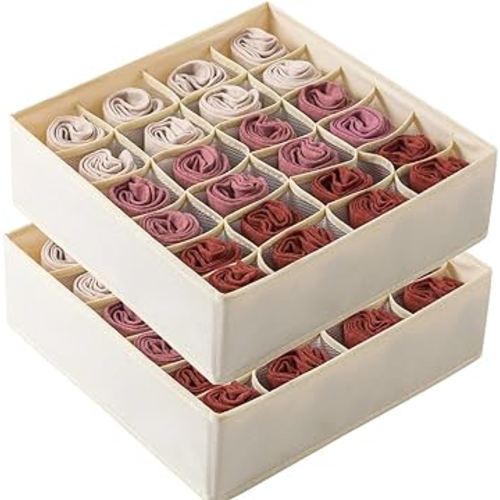 Qozary 2 Pack Socks Underwear Drawer Organizer Divider, 24 Cell or 16 Cell Collapsible Cabinet Closet Organizer Storage Boxes for Clothes, Socks, Lingerie, Underwear, Ties (Beige, 24+24 Cell)