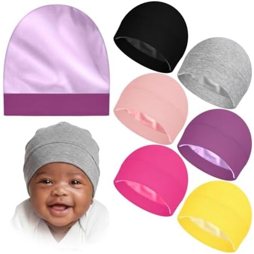 6 Pcs Satin Lined Baby Newborn Hats Silk Satin Lined Beanie Toddler Hat for Hospital Infant Girls Boys 0-6 Months