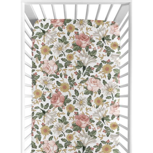 Sweet Jojo Designs Vintage Floral Pink Green and Yellow Fitted Crib Sheet