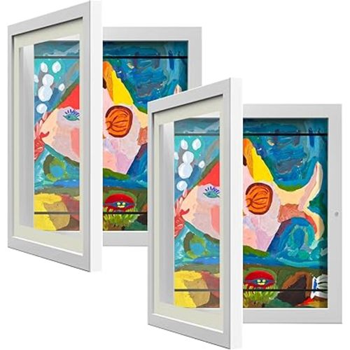 2 Pack Kids Art Frames, Kids Artwork Frames Changeable 8 x10.5 with Mat and 9 x12 Without Mat, White Front Opening Children Picture Storage Frame for Wall Holds 50Pcs Crafts, Drawing, Art Projects