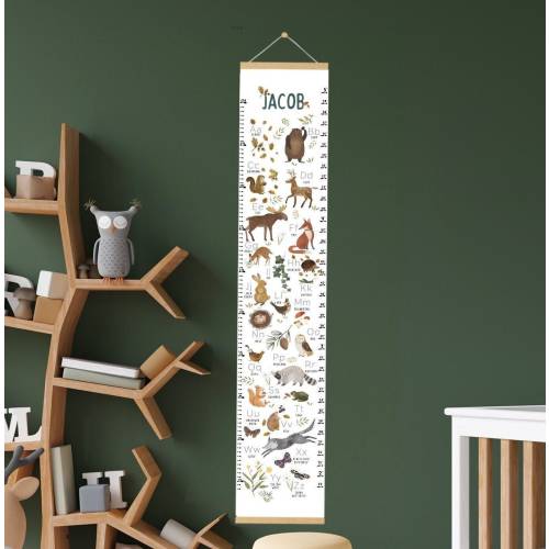 Woodland ABC growth chart, forest animals alphabet height chart for baby nursery, kids bedroom, toddler playroom, neutral educational gift.