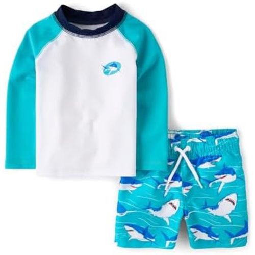 The Children's Place Boys' and Toddler Long Sleeve Rashguard and Swim Trunk 2 Piece Set