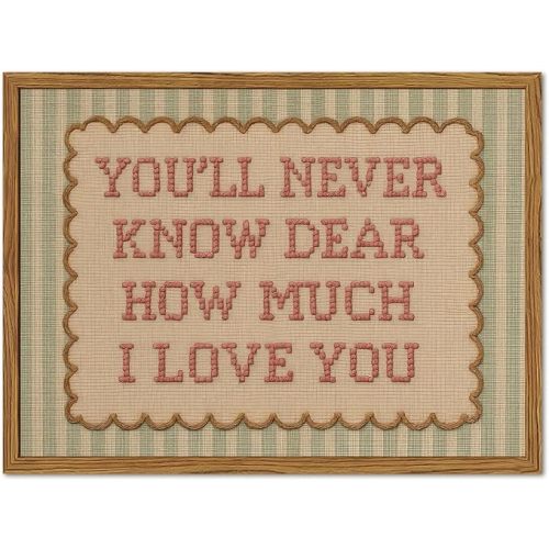 Framed You'll Never Know Dear How Much I Love You Wall Art, Vintage Nursery Pink Green Striped Pictures Wall Decor, Inspirational Quote Paintings Canvas Prints for Girl Bedroom Living Room 12x16 inch