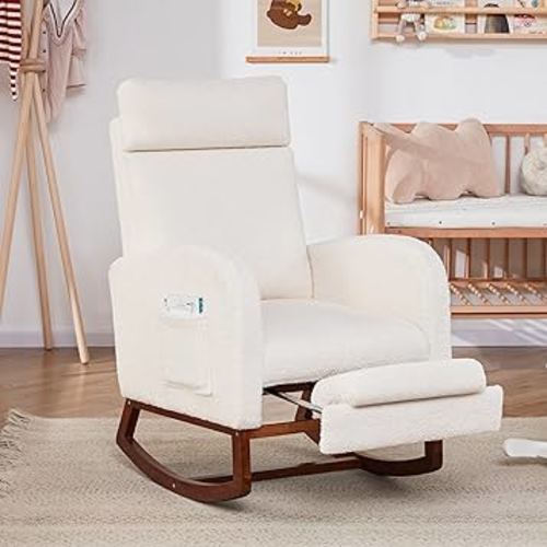Nursery Rocking Chairs with Foot Rest, Rocking Chair Nursery Chair with High Back, Glider Rocking Chair, Baby Nursery Glider Rocker, Nursing Chair Accent Living Room (Teddy White)