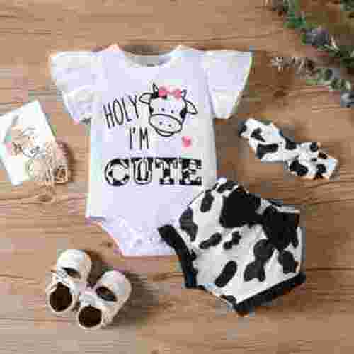 PatPat 3pcs Baby Girl 95% Cotton Letter Graphic Flutter-sleeve Romper and Bow Front Shorts & Headband Set