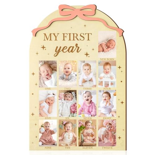 R HORSE My First Year Photo Frame Board, 3D Coquette Pink Bow Display Wood Board, Baby’s First Year 12 Months Milestone Sign 1st Birthday Frame Nursery Decor Keepsake Gift for Boy Girl