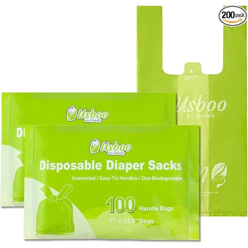Biodegradable Disposable Diaper Bags, 200 Count, 1.0 Liters Capacity, Easy-Tie Handles, Convenient and Eco-Friendly