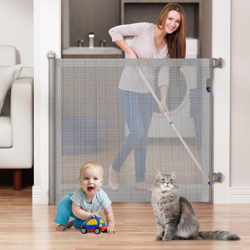 No Drill Retractable Baby Gate for Stairs with Auto-Lock, 41"x 55" Extra Tall Mesh Baby Dog Pet Cat Gate with Double Locking for Doorways, Durable Child Safety Gate for Hallways Kitchen Indoor Outdoor