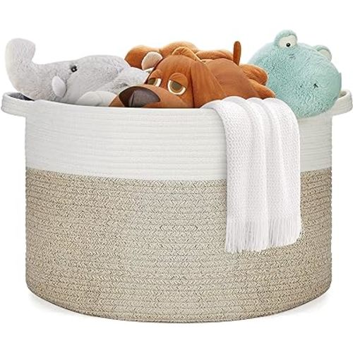Ravinte Blanket Basket - 20"x 20"x 13" Cotton Rope Basket for Living Room, Baby Toy Storage Basket, Large Woven Laundry Basket (White-Light Brown)