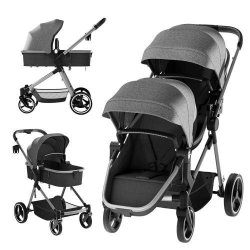 Double Stroller for Twins and Toddlers, Convertible Bassinet, Lightweight Aluminum Foldable Twin Stroller with Adjustable Backrest, Reversible Seat, 5-Point Harness, Storage Basket, Grey