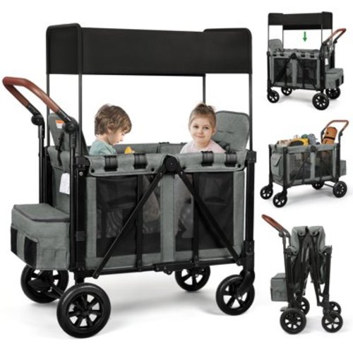 Vomeast Wagon Stroller for 2 Kids, 3-in-1 Wagon Stroller with Canopy, Adjustable Handlebars, Removable Seat for Toddlers, Gray