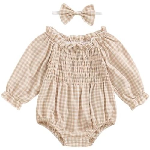 Baby Girls Ribbed Romper Outfits Ruffle Sleeve Bodysuit with Plaid Romper Dress One Piece Bubble Playsuit+Headband