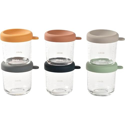 BEABA 6 Pack Glass Baby Food Jars with Soft Silicone Air Tight Lids, 8 oz Glass Storage Containers with Lids, Microwave and Freezer Safe Containers, Sunrise