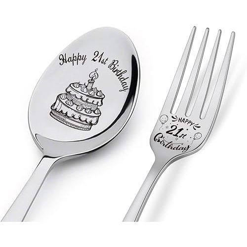 Happy 21st Birthday Spoon&Fork Gifts Engraved Spoon&Fork Personalized Birthday Gifts for Son Daughter Sister Brother Friends