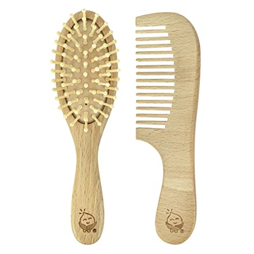 green sprouts Learning Brush + Comb Set |Super Soft Learning Brush Grooms Thick or Curly Hair| Natural Wood and Bamboo Bristles Without BPA, BPS, BPF