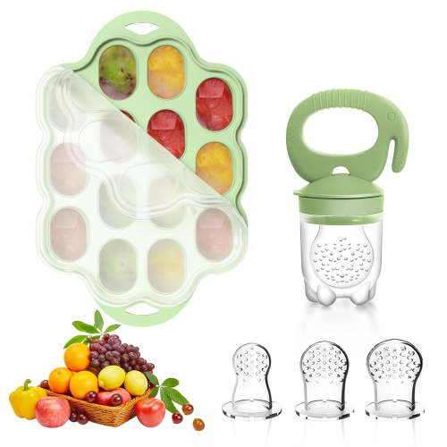 Silicone Baby Fruit Feeder & Breastmilk Popsicle Molds Freezer Tray with Lid, 2 Pack Baby Food Feeder to Teething Relief, Introduce New Foods, Self Feeding, Includes 6 Food Pacifiers (Purple+Pink)