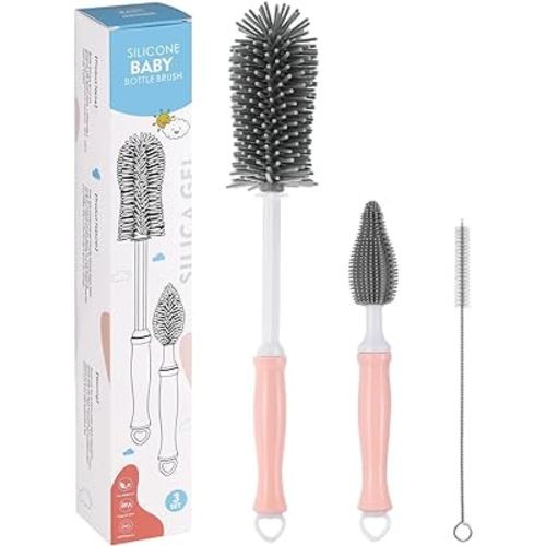 Zooawa Baby Bottle Brush, 3-in-1 Baby Cleaning Brush with Nipple Straw Brush, Silicone Bottle Brush Reusable Bottle Cleaner Brush Set for Baby Bottle Sport Bottle Water Bottle, Pink
