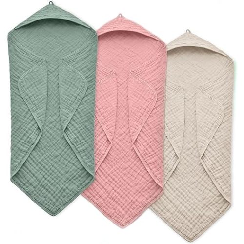 Hooded Baby Towels for Newborn, 35x35 Inch 3 Pack 100% Muslin Cotton Baby Bath Towel, Soft Baby Beach Towels with Hood for Infants, Toddlers and Kids, Essentials Must Haves