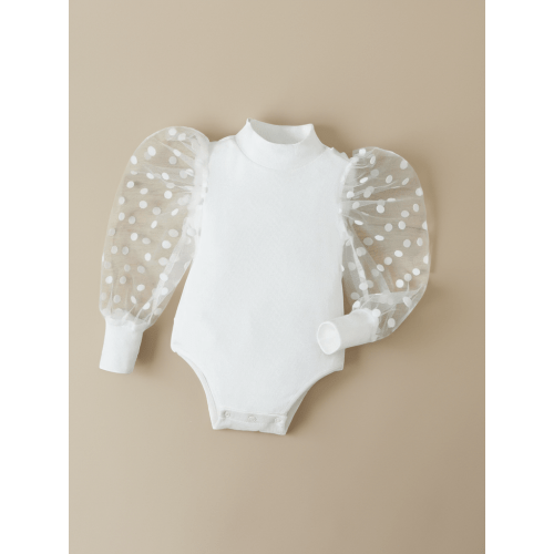 Baby Girl Mock Neck sheer Polka Dot Puff Sleeve bodysuit
