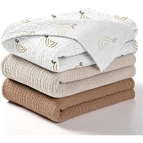 lulumoon Baby Muslin Swaddle Blankets: Soft Receiving Blanket for Newborn - Cotton Swaddling Blanket for Neutral 3Pack(Rainbow Brown)