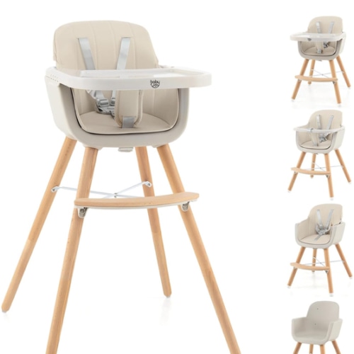 BABY JOY Convertible Baby High Chair, 3 in 1 Wooden Highchair/Booster/Chair with Removable Tray, Adjustable Legs, 5-Point Harness, PU Cushion and Footrest for Baby, Infants, Toddlers (Beige)
