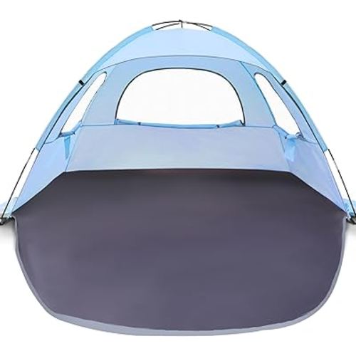 WhiteFang Beach Tent Anti-UV Portable Sun Shade Shelter for 3/4/6/8 Person, Extendable Floor with 3 Ventilating Mesh Windows Plus Carrying Bag, Stakes and Guy Lines