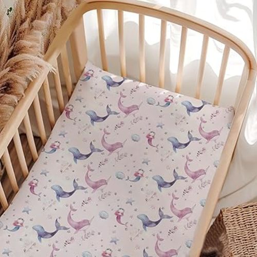Unisex Ocean Animals Whale Sea Stars Pattern Baby Fitted Crib Mattress Sheets for Baby Boys Girls Standard Crib and Toddler Mattress, Sea Animals Print Crib Sheets Baby Nursery Bedding-28 * 52