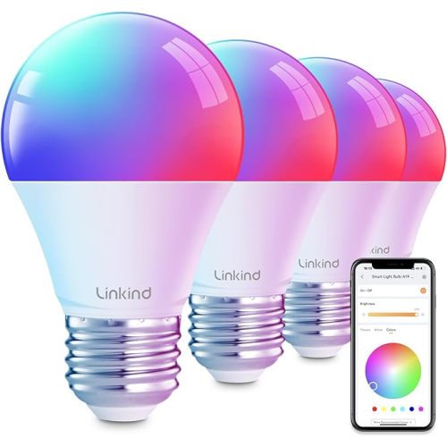 Linkind Smart Light Bulbs, Smart Bulb That Work with Alexa & Google Home, LED Light Bulbs Color Changing, 64 Preset Scenes, Music Sync, A19 E26 2.4GHz RGBTW WiFi Bluetooth Light Bulb 60W, 800LM, 4Pack - 4 Count(Pack of 1)