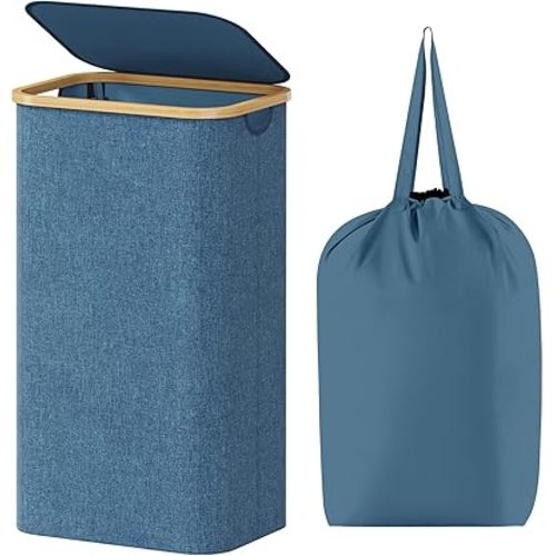 Lifewit 100L Laundry Basket with Lid, Clothes Hampers for Laundry with Bamboo Handles and A Removable Laundry Bag, Large Foldable Laundry Hamper for Bedroom, Bathroom, Dorm, Laundry Room, Dark Blue