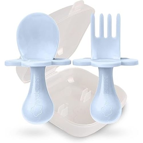 Grabease Baby & Toddler Self-Feeding Fork and Spoon Utensils - BPA-Free & Phthalate-Free - 1 Set, Blue - Baby Eating Essentials