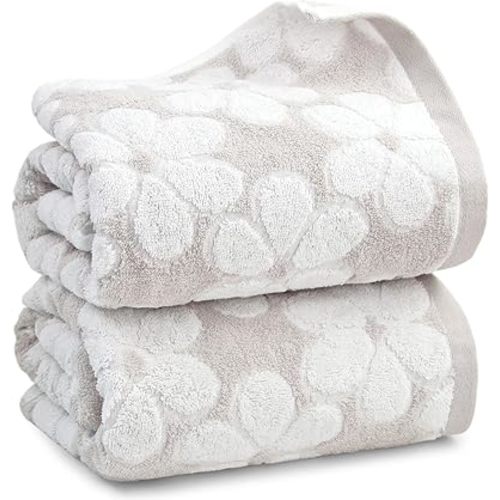 Soft Bath Towels 2 Pack, Floral Jacquard Bathroom Set, Cotton, Light Beige