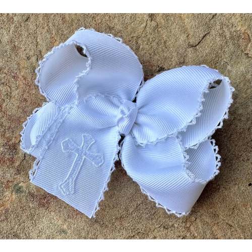 Personalized Monogrammed Medium or Large Moonstitch Hair Bow Easter Cross Hairbow, Custom Baby Baptism First Communion Monogram Hairbows