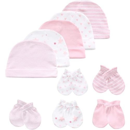MAMIMAKA Baby Hat and Mittens Set - Newborn Baby Hats Caps for Boys and Girls, 0-6 Months, 100% Cotton
