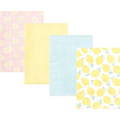Hudson Baby Unisex Baby Cotton Flannel Burp Cloths, Lemon Daisy 4 Pack, One Size