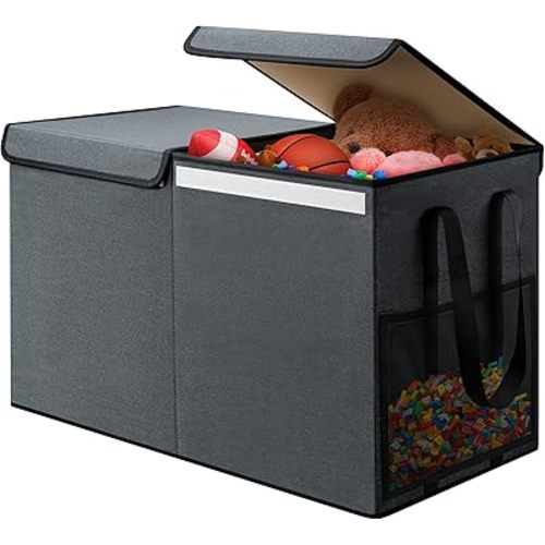Large Toy Box for Boys Girls Toy Chest Kids Toy Storage Organizer Collapsible Toy Storage Bin Basket with Two Mesh Pockets for Nursery Playroom Bedroom Living Room Organization