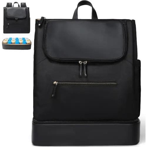 MOMINSIDE Diaper Bag Backpack - Large Baby Diaper Bag with 14 Pocket, Leather & Nylon Travel Diaper Backpack for Mom, Breast Pump Bag, Removable Cooler Compartment, Double Layer, Black