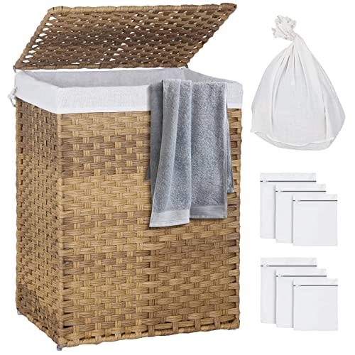 HKLGorg Laundry Hamper 90L Wicker Basket with Lid and 2 Removable Liner Bags - Natural