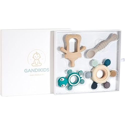 Baby Silicone Teething Ring Teether Gift Set for Boys and Girls Over 3 Months Soothes Gums Fits Small Hands Ergonomic Design Set of 4 Toys Ideal Gift Box BPA Free