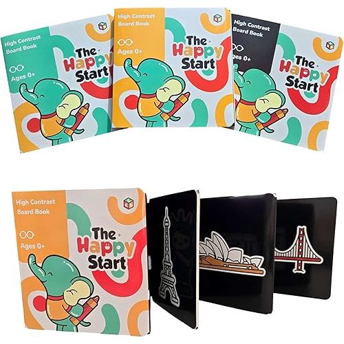 Happy Start Tummy Time Books for Babies – High Contrast Baby Book, Black and White Books for Newborns, Hospital Approved Baby Board Books, Stand Up High Contrast Books for Newborns Ages 0+ (3 Pack)