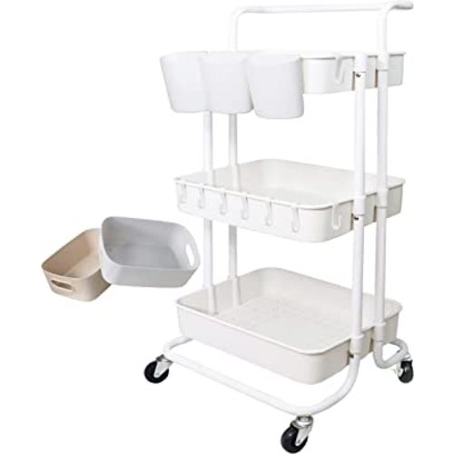 Freletry 3 Tier Utility Rolling Cart Storage Organizer Shelf Rack with 3PCS Hanging Cups 8PCS Hook 2PCS Storage Box for Home Office Kitchen Bathroom Storage (White 3 Cup+8 Hook+2 Storage Box)