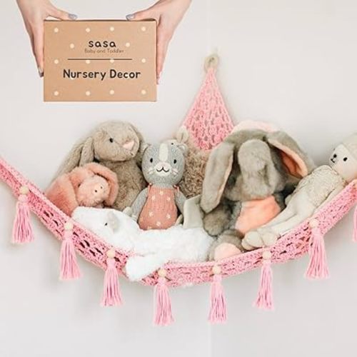 Macrame Toy Hammock for Stuffed Animals - Plushie Toy Hammock for Baby Girl Nursery Decor, Plush Hammock, Stuffy Hammock, Hanging Stuffed Animal Organizer, Sweet Pink