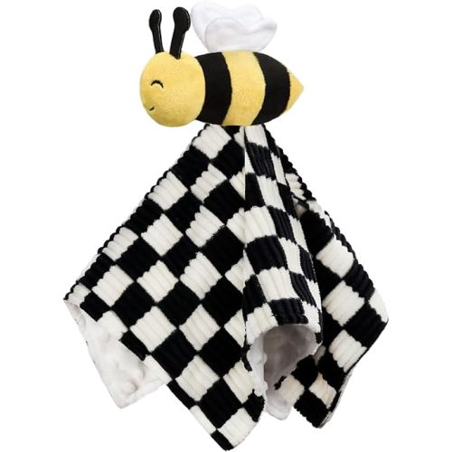 Baby Lovey Blanket for Boys Girls Super Soft Checkerboard Gingham with Minky Dot Fabric Backing Bee Stuffed Animal Lovely Snuggle Toy Black 14 Inch