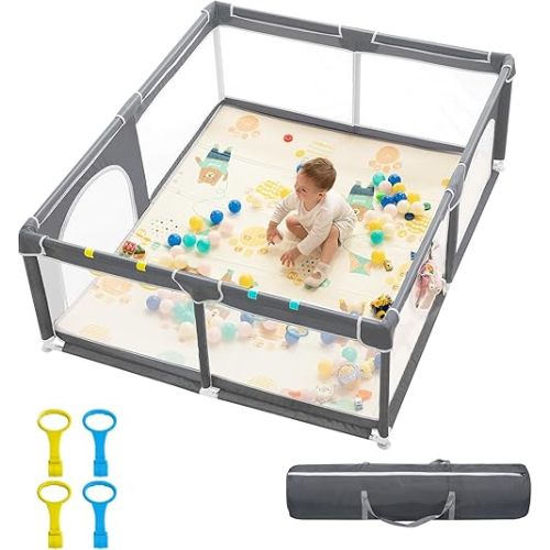 dearlomum Baby Playpen,71"x59" Extra Large Baby Playard, Playpen for Babies with Gate, 0-6 to 12 Months Baby Activity Center, Sturdy Safety Playpen with Soft Mesh,Playpen for Toddlers(Gray)