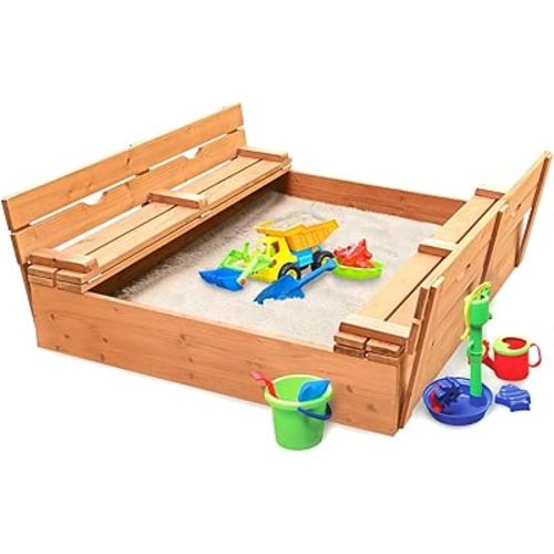 Badger Basket Cedar Sandbox with Lid & Benches - Outdoor Wooden Sandbox for Kids with Folding Cover - Large Backyard Playset (46.5 x 46.5 x 9.5)
