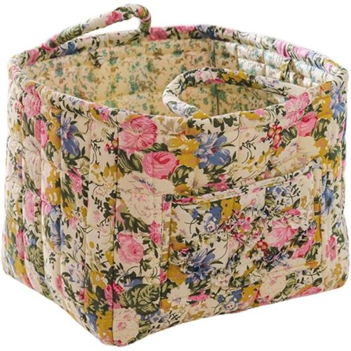Quilted Fabric Storage Basket with Handles – Boho Foldable Floral Organizer Bin for Home, Picnic, Shopping, Travel 13"x11"x10" (Blush Bloom)