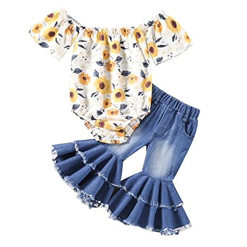 Omkzanbi Toddler Girl Bell Bottoms Outfit Sunflower Off Shoulder Bodysuit Romper Denim Flared Pants Summer Jean Outfit