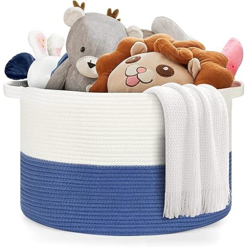 Ravinte Blanket Basket - 20"x 20"x 13" Cotton Rope Basket for Living Room, Baby Toy Storage Basket, Large Woven Laundry Basket (White-Blue)