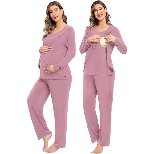 SWOMOG Women Maternity Pajama Set Nursing Pjs Double Layer Long Sleeve Top & Pants Breastfeeding Pregnancy Set with Pockets