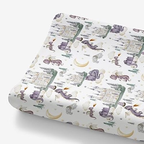 HawSkgFub Cute Dragon Fairy Tale Changing Pad Cover Baby Girl Shower Gift, Purple Castle Cloud Moon Star Pine Tree Diaper Change Table Sheet, Soft Stretchy Safe Snug Fitted Changing Mat Fit 32/34 x 16