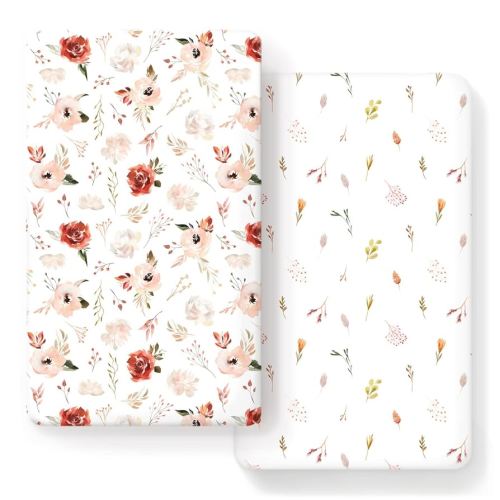 GRSSDER Ultra Soft Jersey Knit Fitted Crib Sheets 2 Pack, Universal Fit Crib Mattress Pads Snug and Safe, Breathable Crib Mattress Sheet for Baby Girls, Pretty Watercolor Pink Rose Flora